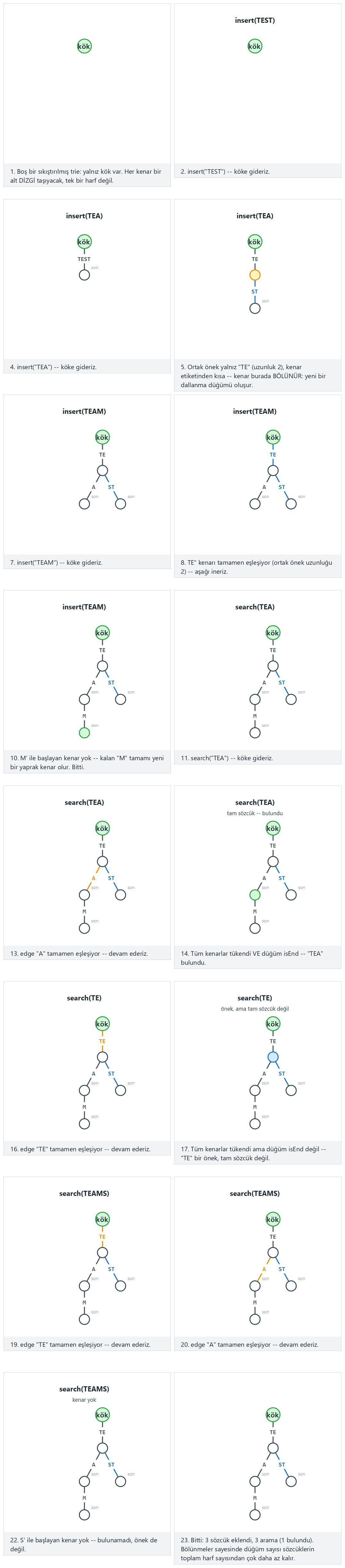 Compressed trie (radix tree) — step by step