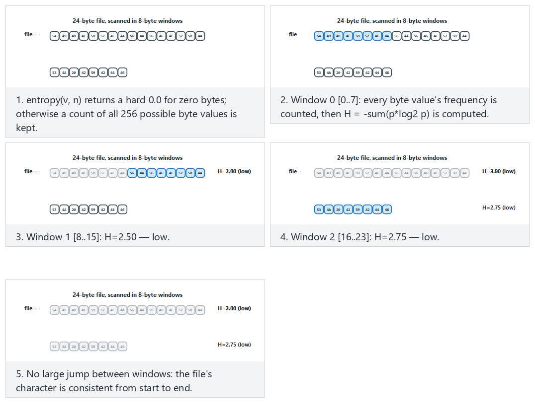Entropy: windowed scanning, how H is computed — step by step
