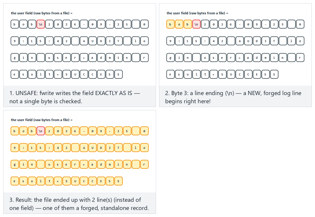 Log injection: unsafe vs. safe writing — step by step