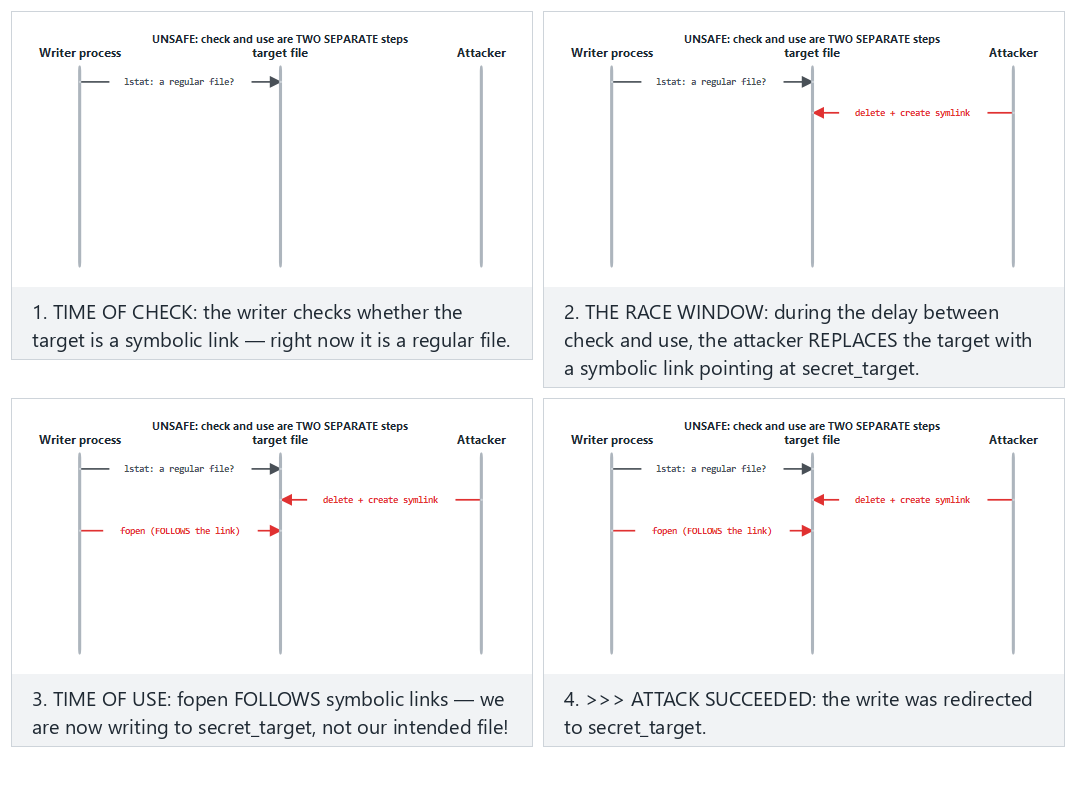 The TOCTOU race: the window between check and use — step by step