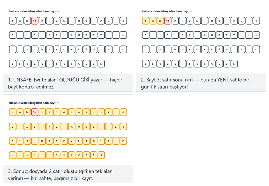 Günlük enjeksiyonu: güvensiz vs güvenli yazım — adım adım