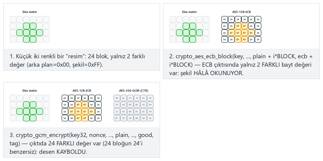 ECB deseni sızdırır, GCM sızdırmaz — adım adım